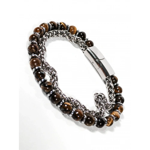 Çelik Zincirli Kaplan Gözü ve Hematit Taşlı Bileklik – Güç, Odaklanma ve Özgüven Enerjisi-21 cm