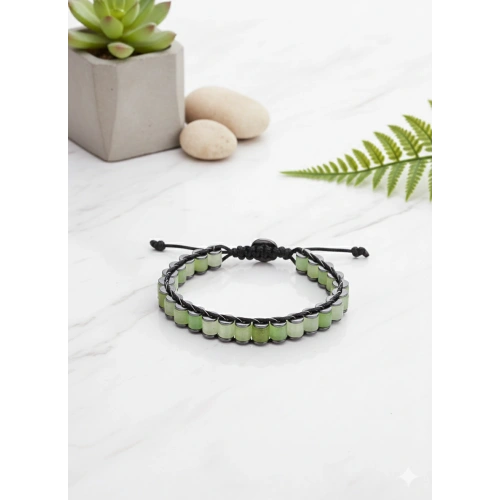 Aventurin Yeşil Doğal Taş Örme Erkek Bilekliği 6X8 mm