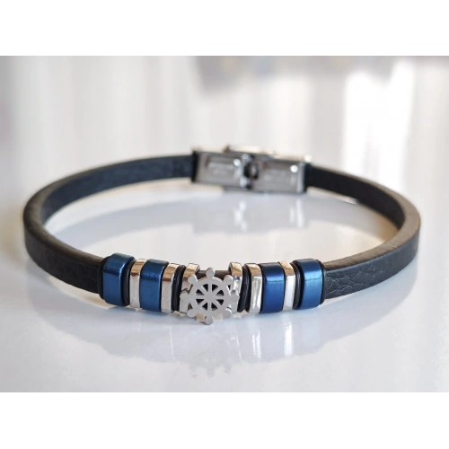 Deri Kordonlu Seramik Taşlı Gemici Dümenli Lüks Erkek Bileklik