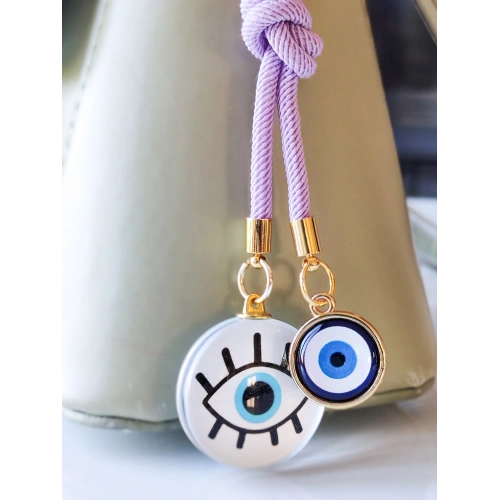 İpli Nazar Boncuklu Göz Figürlü Beyaz Çanta Süsü