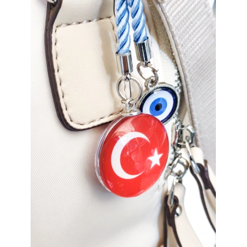 İpli Türk Bayraklı Nazar Boncuklu Cam Çanta Süsü