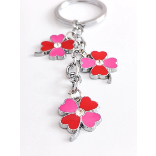 Kırmızı Pembe Renkli 4 Yapraklı Yonca Metal Anahtarlık