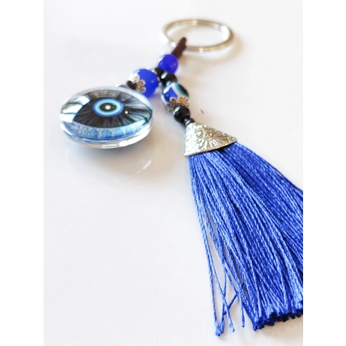 Mavi Püsküllü Göz Desenli Cam Anahtarlık