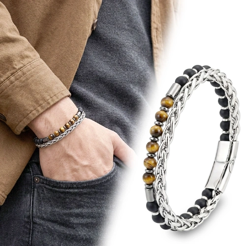 Moncuk Design Çelik Zincirli Kaplan Gözü Ve Mat Oniks-Hematit Bileklik 33512B21D10