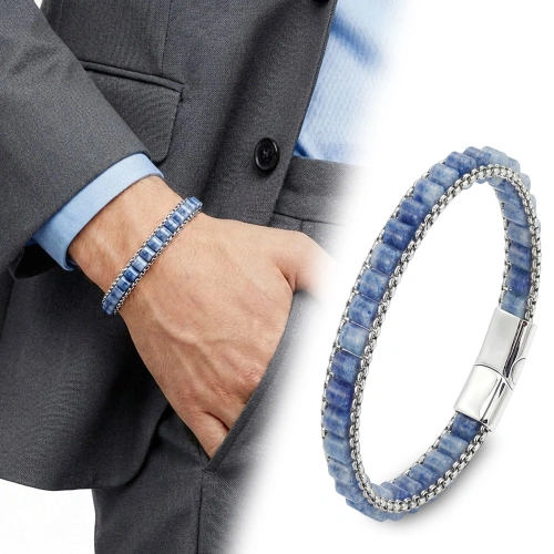 Moncuk Design  Mavi Aventurin Doğal Taşlı Hasır Örgü Zincirli Erkek Çelik Bileklik 33512B28D12