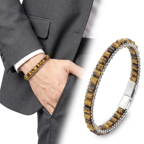 Moncuk Design  Kaplan Gözü Doğal Taşlı Hasır Örgü Zincirli Erkek Çelik Bileklik 33512B28D15
