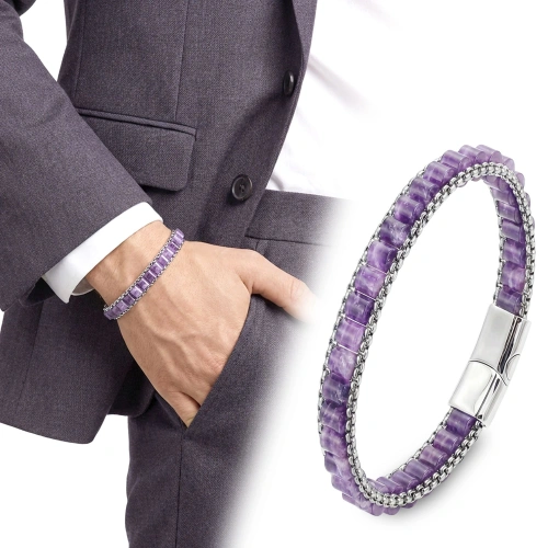 Moncuk Design  Ametist Doğal Taşlı Hasır Örgü Zincirli Erkek Çelik Bileklik 33512B28D16