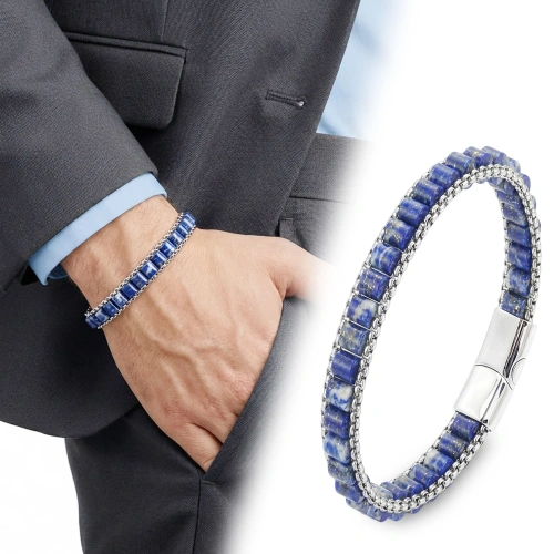 Moncuk Design  Lapis Doğal Taşlı Hasır Örgü Zincirli Erkek Çelik Bileklik 33512B28D17