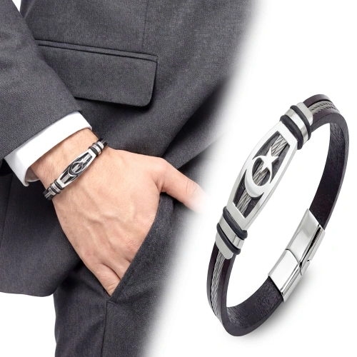 Moncuk Design Ay Yıldız Deri Kordonlu Çelik Halatlı Erkek Bileklik 33514B17D9