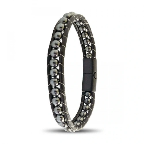 Moncuk Design 6Mm Hematit Taşlı Deri Kordon Ve Çelik Bileklik 33512B2D6M3