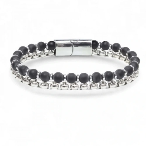 Moncuk Design Çelik Zincirli Mat Oniks Ve Silver Hematit Bileklik 33512B21D11