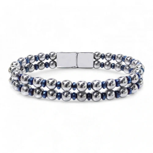 Moncuk Design Çift Gümüş Ve Mavi Renk Hematit Çelik Bileklik 33512B20D3