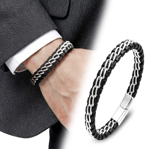 Moncuk Design Çift Zincir Çelik Ve Deri Bileklik 33514B2D2