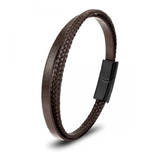 Moncuk Design Kahverengi Deri Ve Saç Örgü İkili Çoklu Çelik Bileklik 33513B12D2