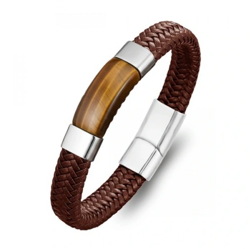 Moncuk Design Kaplan Gözü Taşlı Kahverengi Deri Erkek Çelik Bileklik 33514B6D2