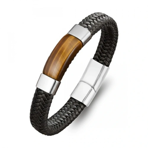 Moncuk Design Kaplan Gözü Taşlı Siyah Deri Erkek Çelik Bileklik 33514B6D1