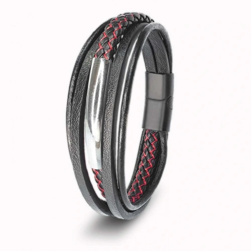 Moncuk Design Kırmızı Siyah Çoklu Deri Ve İsim Yazılabilir Çelik Plakalı Bileklik 33514B11D3