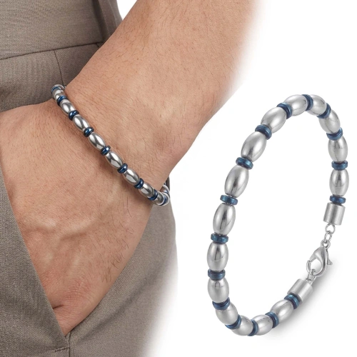 Moncuk Design Mavi Ve Gümüş Hematit Doğal Taşlı Ayaranabilir Çelik Zincir Bileklik 33512B10D1