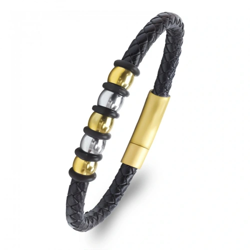 Moncuk Design Orijinal Deri ve 316L Altın Tonlu Çelik Erkek Bileklik 33514B21D2