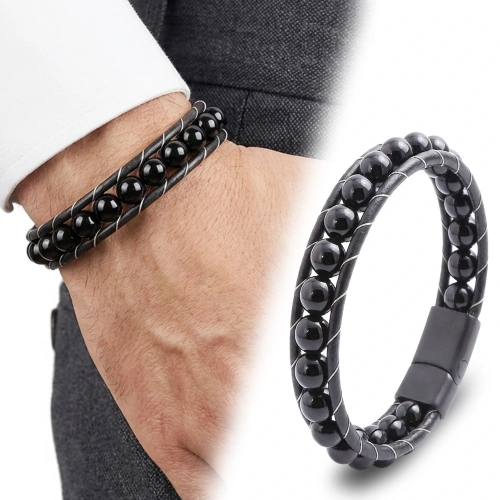 Moncuk Design Parlak Oniks Taşı Örmeli Deri Bileklik 33512B2D8M25