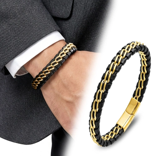 Moncuk Design Sarı Çift Zincir Çelik Ve Deri Bileklik 33514B2D4