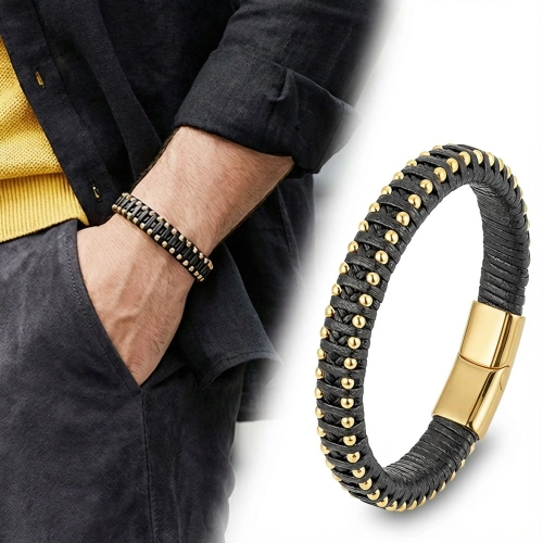 Moncuk Design Syah Deri Ve Sarı Damla Çelik Zincirli Bileklik 33514B1D2-4