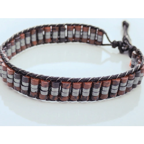 Obsidyen Doğal Taş Kahverengi Örme Erkek Bilekliği 4X2 mm