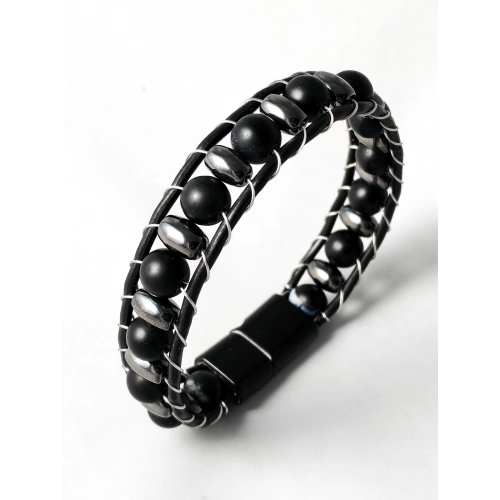 Yuvarlak ve Oval Taşlı Siyah-Gri Erkek Bileklik - Sevgililer Günü Hediyesi