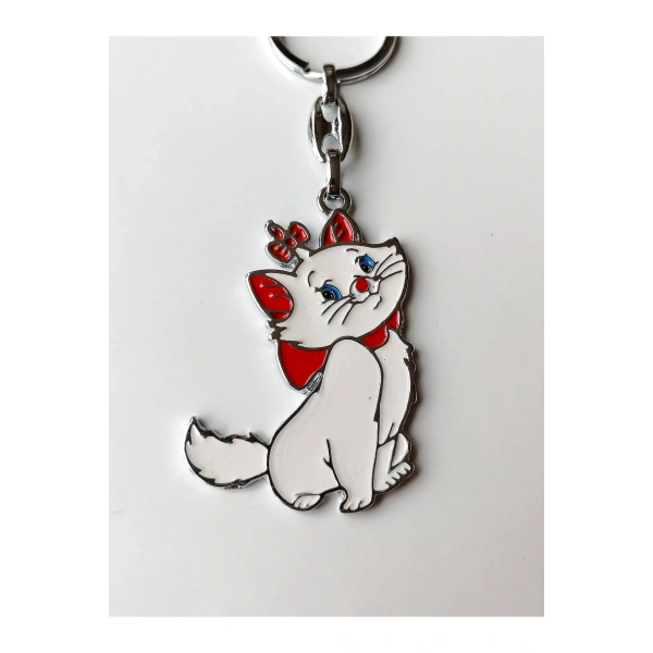 Kırmızı Kurdelalı ve Papyonlu Beyaz Renkli Şirin Kedi Metal Anahtarlık