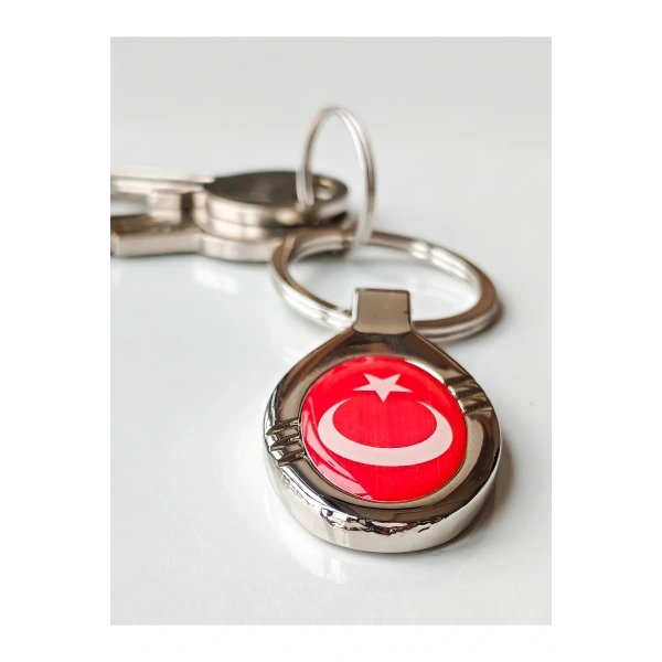 Kırmızı Türk Bayraklı Oval Metal Anahtarlık