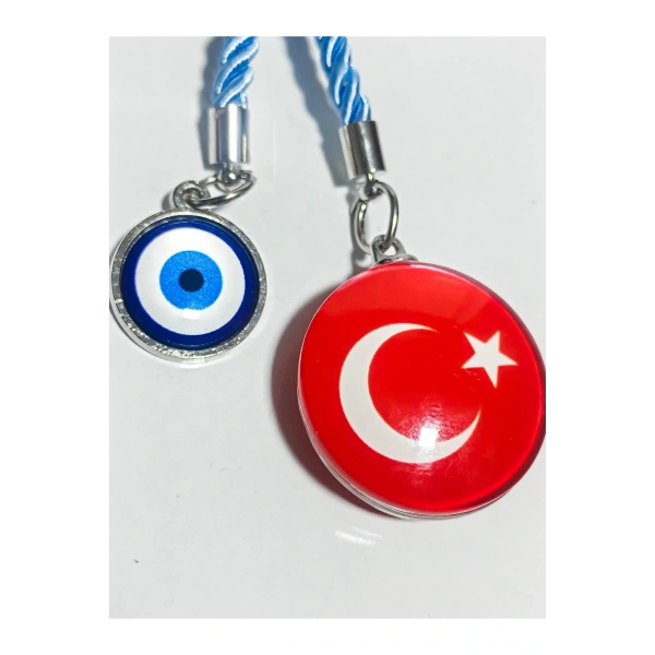 Türk Bayraklı Cam Boncuklu ve Nazar Boncuklu Anahtarlık