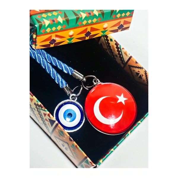Türk Bayraklı Cam Boncuklu ve Nazar Boncuklu Anahtarlık