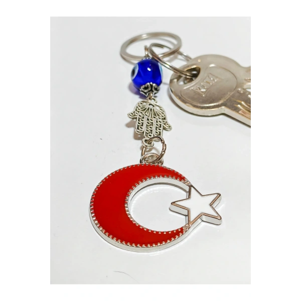 Metal Ay Yıldızlı Türk Bayraklı ve Metal Fatımanın Eli-Hamsalı Anahtarlık