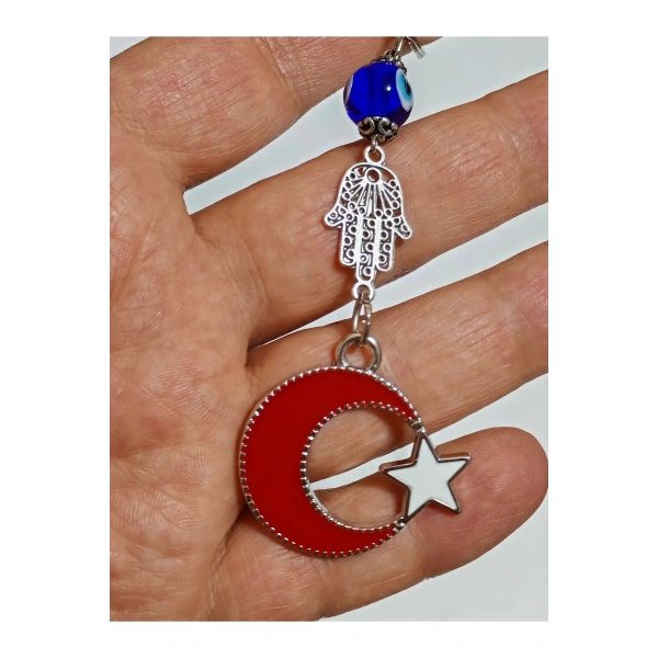Metal Ay Yıldızlı Türk Bayraklı ve Metal Fatımanın Eli-Hamsalı Anahtarlık