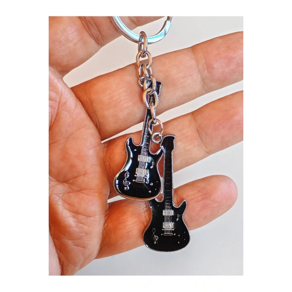 Siyah İki Gitarlı Metal Anahtarlık