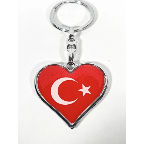 Kalp Şeklinde Kırmızı Türk Bayraklı Metal Anahtarlık