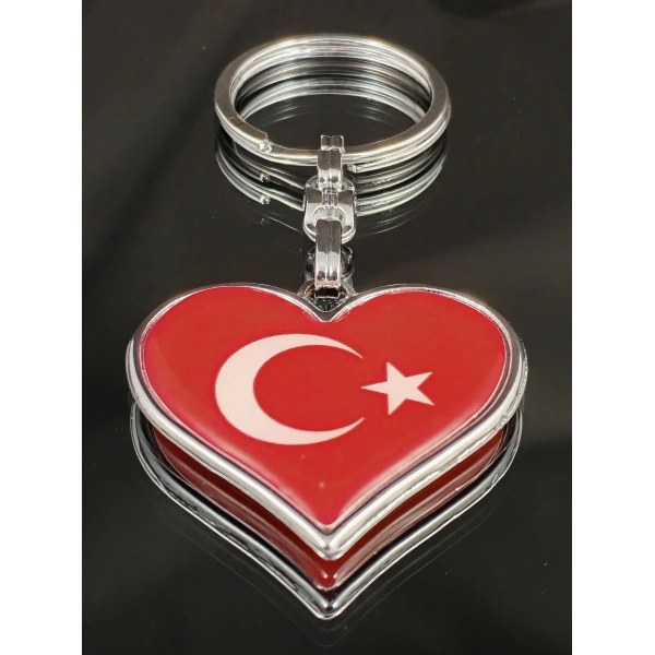 Kalp Şeklinde Kırmızı Türk Bayraklı Metal Anahtarlık