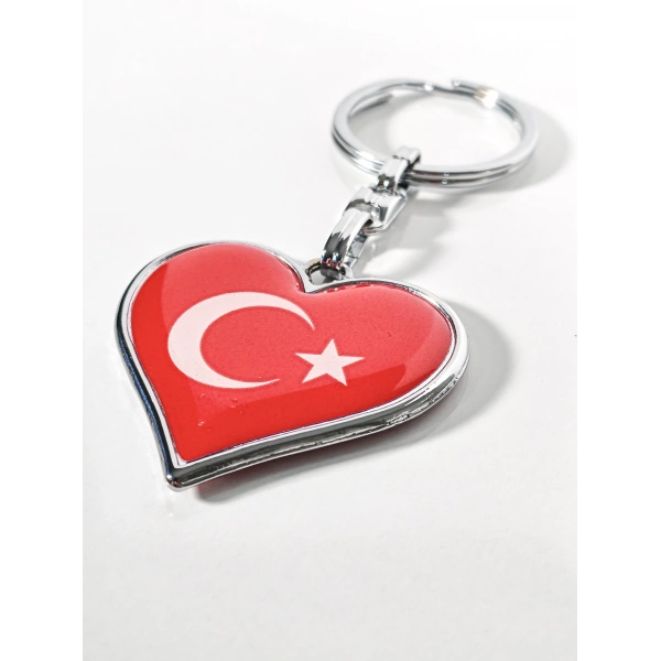 Kalp Şeklinde Kırmızı Türk Bayraklı Metal Anahtarlık