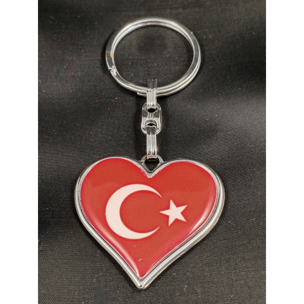 Kalp Şeklinde Kırmızı Türk Bayraklı Metal Anahtarlık