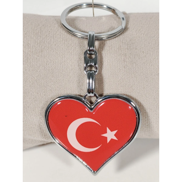 Kalp Şeklinde Kırmızı Türk Bayraklı Metal Anahtarlık