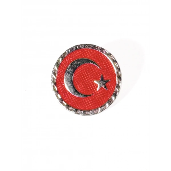 Kırmızı Zeminde Ay Yıldız Kabartmalı Yuvarlak Metal Rozet
