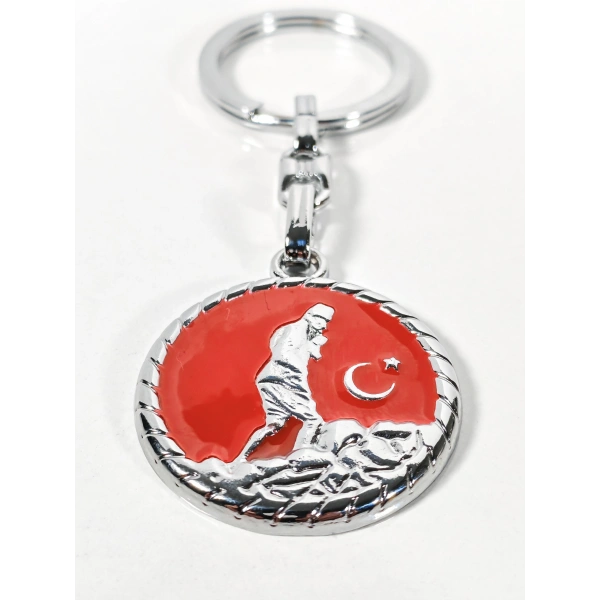 Atatürk Silüetli Ay Yıldız Figürlü Kırmızı Yuvarlak Metal Anahtarlık – Anlamlı ve Güçlü Bir Sembol