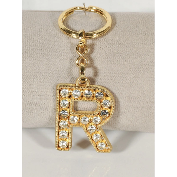 R Harfi Taşlı Gold Renk Metal Anahtarlık – Şık ve Işıltılı Harf Tasarımı