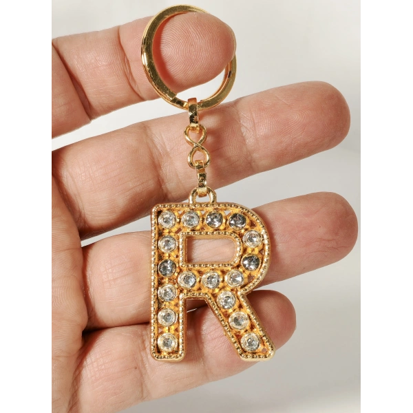 R Harfi Taşlı Gold Renk Metal Anahtarlık – Şık ve Işıltılı Harf Tasarımı
