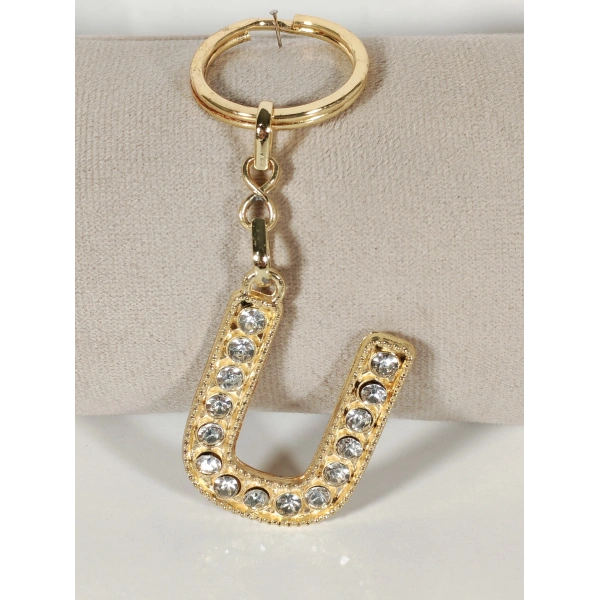 U Harfi Taşlı Gold Renk Metal Anahtarlık – Şık ve Işıltılı Harf Tasarımı