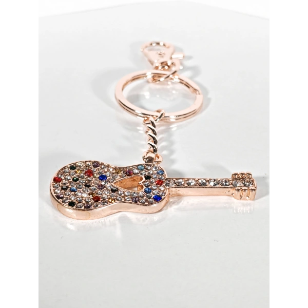 Taşlı Çok Renkli Gitar Anahtarlık Rose Gold – Işıltılı Sanatsal Şık Çanta & Anahtar Aksesuarı