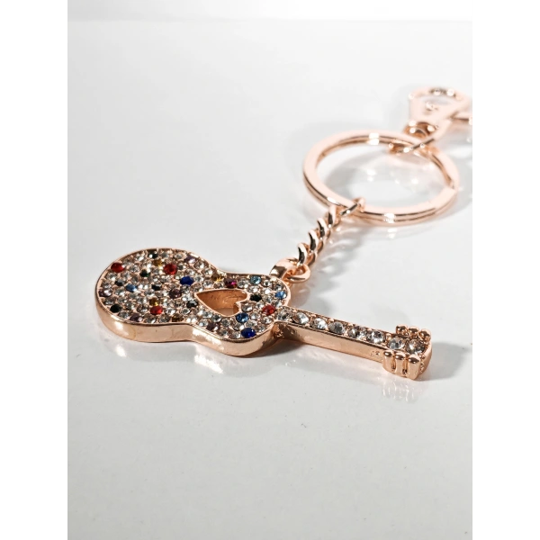 Taşlı Çok Renkli Gitar Anahtarlık Rose Gold – Işıltılı Sanatsal Şık Çanta & Anahtar Aksesuarı