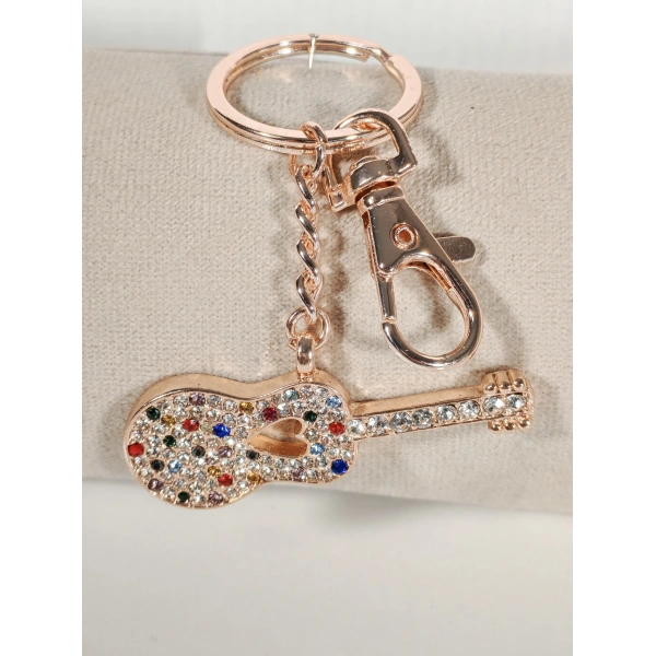 Taşlı Çok Renkli Gitar Anahtarlık Rose Gold – Işıltılı Sanatsal Şık Çanta & Anahtar Aksesuarı