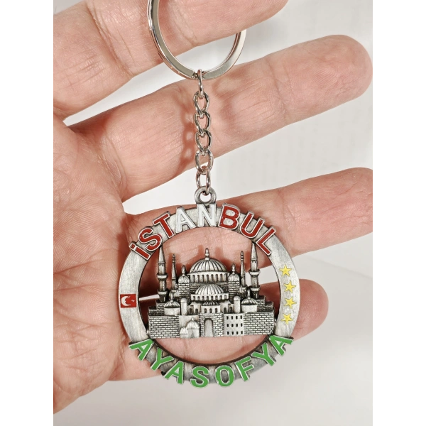 İstanbul Ayasofya Temalı Yuvarlak Anahtarlık Eskitme Gümüş – Tarihi ve Kültürel Şık Çanta & Anahtar