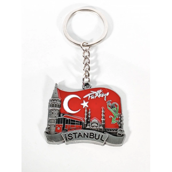 Türk Bayrağı Zeminli İstanbul Silüeti Anahtarlık Eskitme Gümüş – Tarihi ve Milli Şık Çanta & Anahtar Aksesuarı